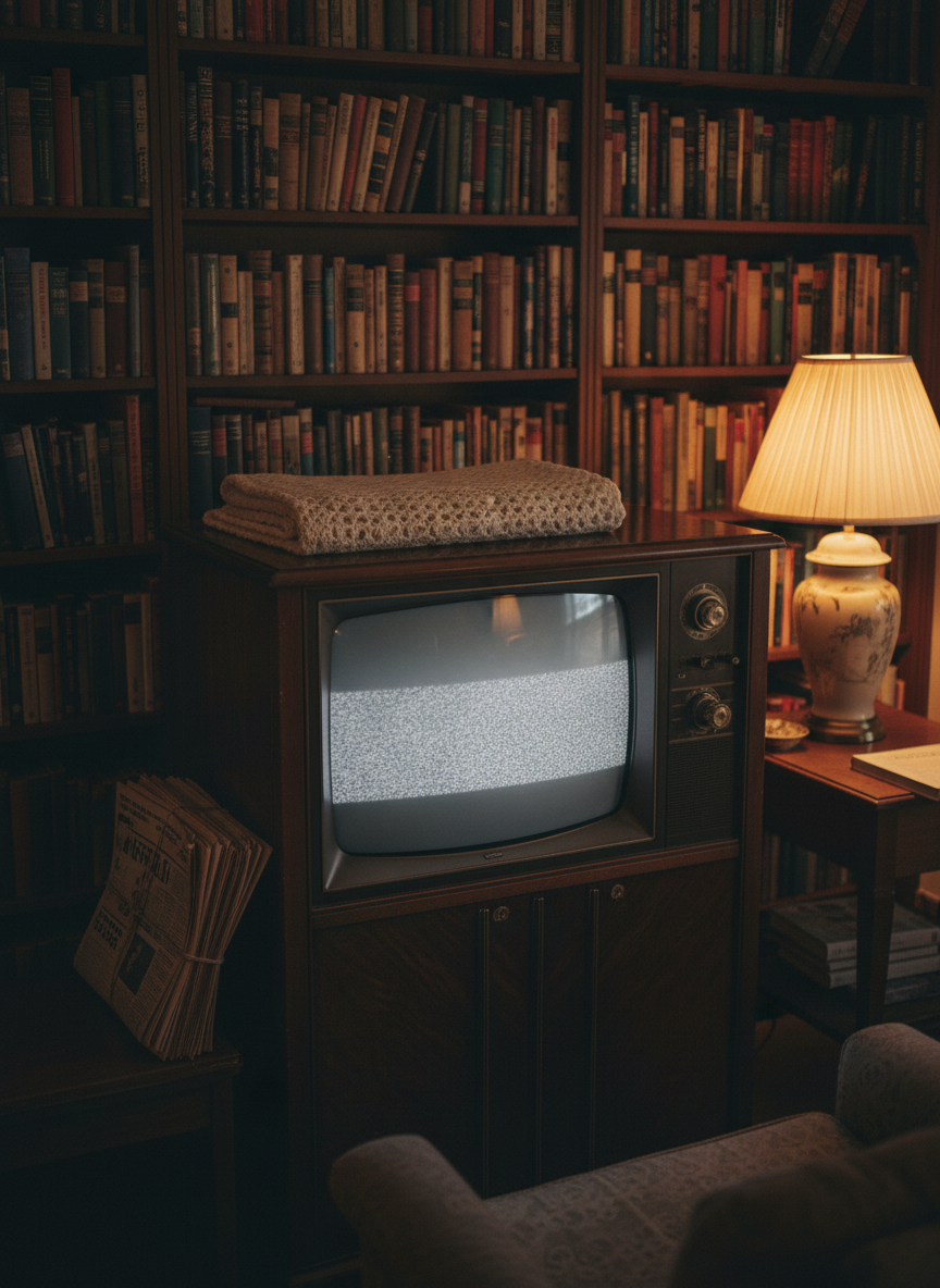 An old wooden console television with curved glass and brass dials, its screen glowing softly with static in a dim living room lined with built-in bookshelves and carefully arranged hardcover books. A stack of newspapers tied with twine leans against the TV cabinet, and a neatly folded crocheted blanket rests on top. Warm lamplight from a classic ceramic table lamp with a pleated shade pools across the scene, leaving the far corners in gentle shadow. Photographic realism, composed using the rule of thirds from a slightly elevated angle, evoking a contemplative, nostalgic atmosphere rich with memories and quiet commentary on changing technology.
