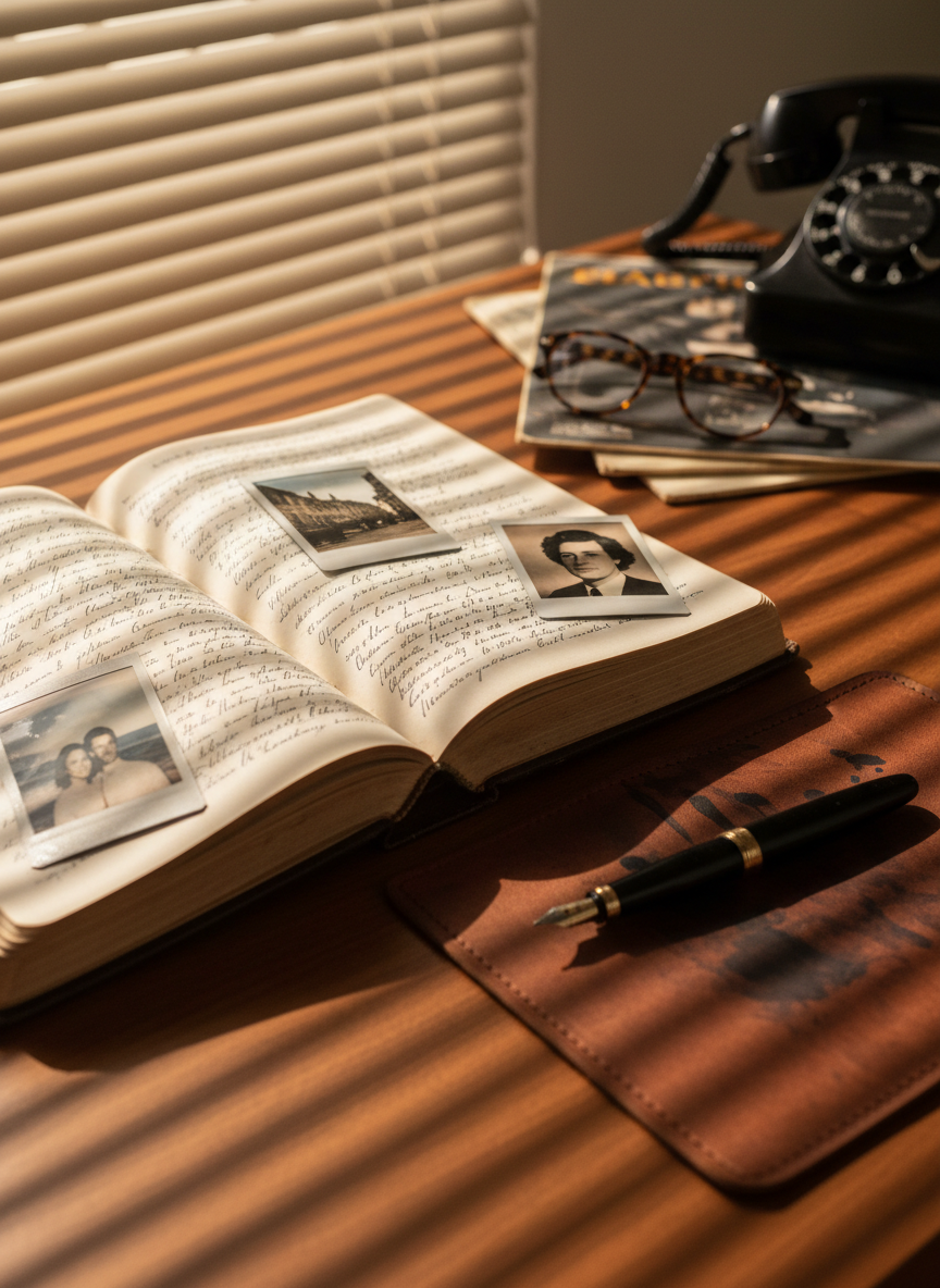 A well-worn, leather-bound journal lying open on a mid-century walnut desk, its cream pages filled with neat, looping handwriting and a few faded Polaroid photos tucked between them. Beside it, a heavy black fountain pen rests on a blotter stained by decades of ink. In the background, a rotary phone, stacked vinyl record sleeves, and a pair of tortoiseshell reading glasses sit slightly out of focus. Late afternoon golden light filters through venetian blinds, casting striped shadows across the desk. Photographic realism, shot at eye level with a shallow depth of field, creating a reflective, sophisticated mood that suggests thoughtful recollection and considered opinion.