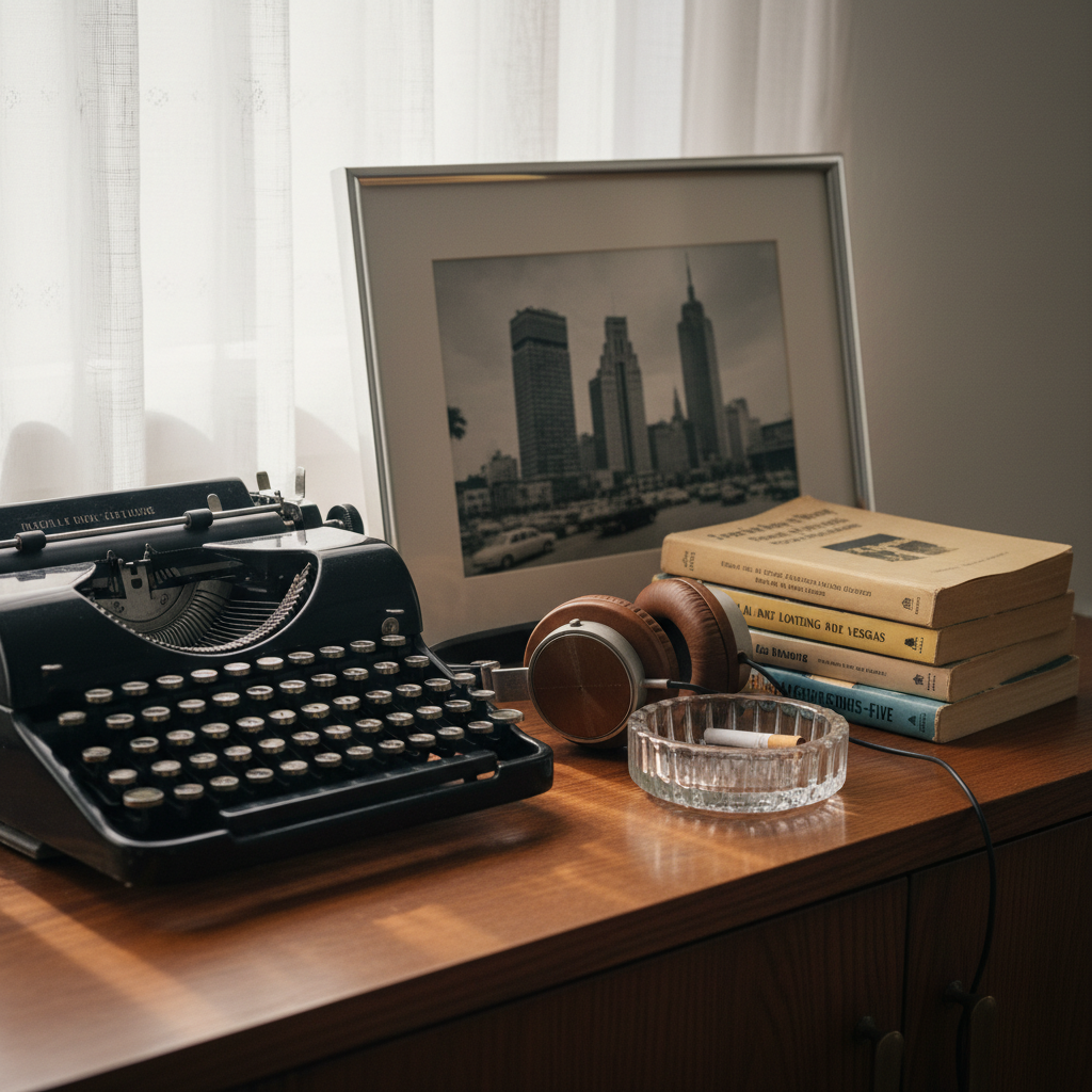 A close-up of a carefully arranged collection of tangible relics from the 1960s and 1970s on a polished oak sideboard: a manual typewriter with glossy black enamel, a pair of over-ear headphones with padded leather cups, a stack of worn paperback novels with yellowed edges, and a glass ashtray holding a single unlit cigarette. A framed black-and-white cityscape photograph stands behind them, slightly tilted. Soft morning light filters through sheer curtains, creating gentle highlights on the metal typewriter keys and subtle reflections on the varnished wood. Photographic realism, shallow depth of field, intimate and sophisticated, capturing the tactile essence of memory and critical reflection on the past.